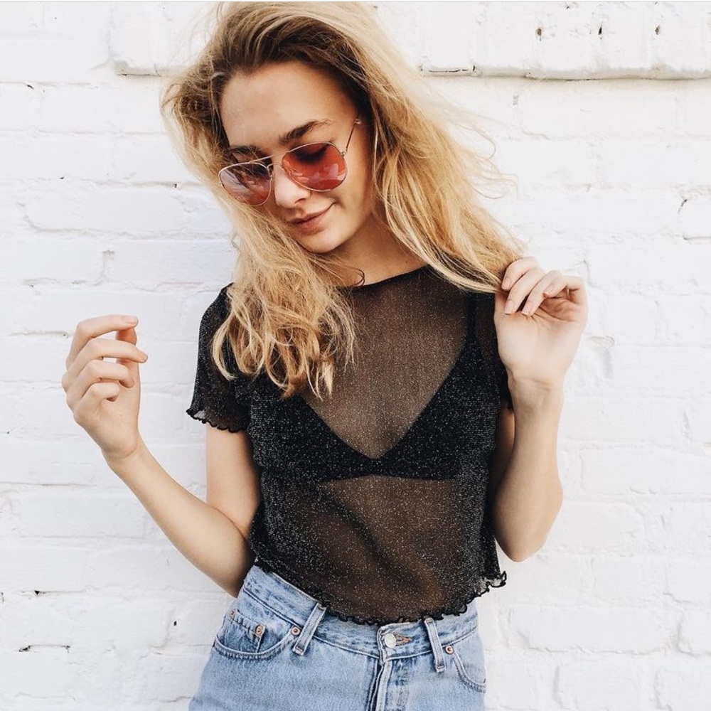 Brandy Melville Porter Black Sparkly Glitter Mesh Lettuce Edge Tee